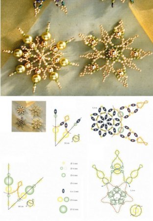 Схемы плетения из бисера новогодних снежинок на елку в фото
