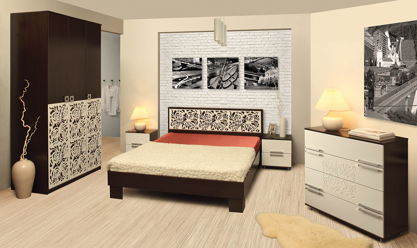 спальный гарнитур для спальни в стиле минимализм: кровать, тумба, шкаф, прикроватные тумбочки