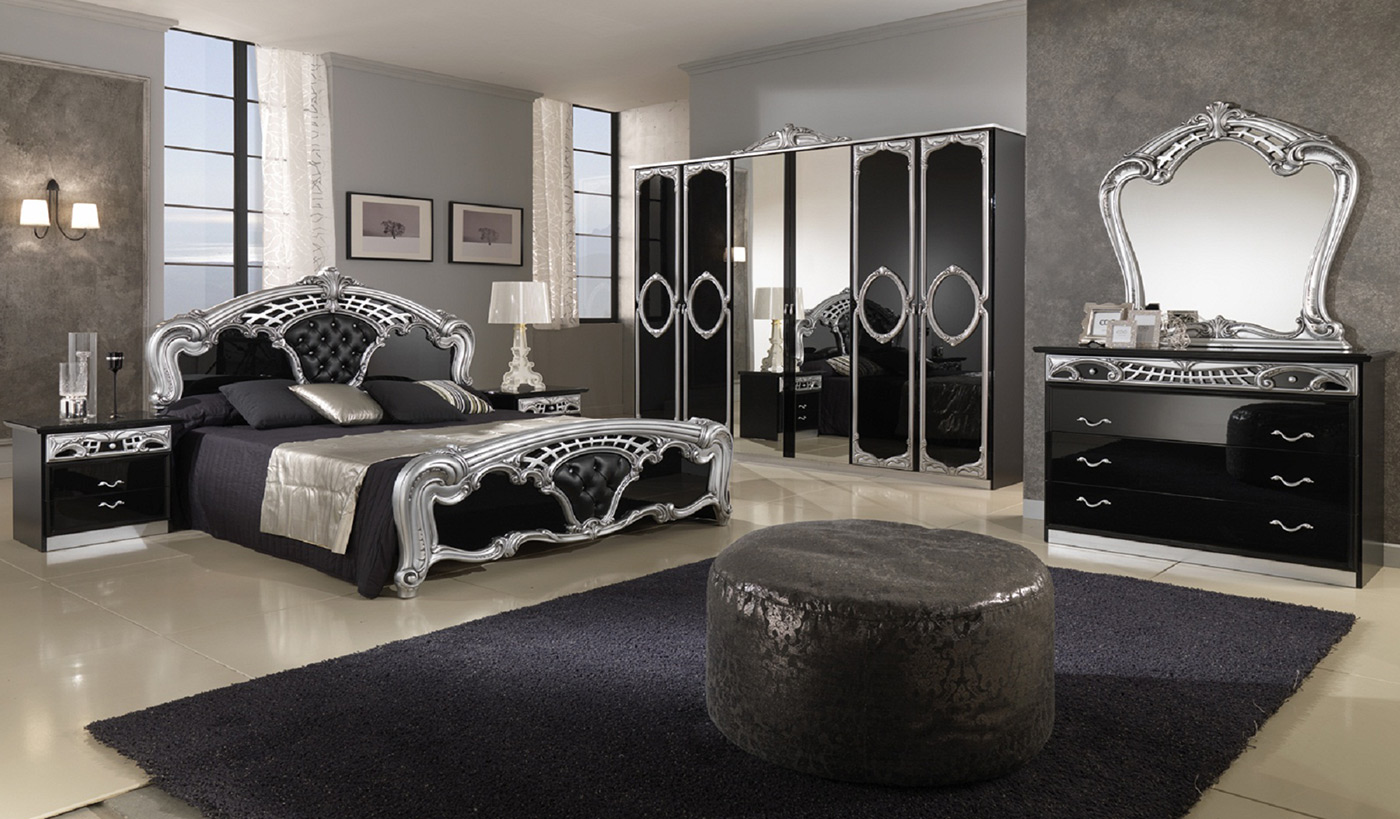 спальня в стиле готика с черной глянцевой мебелью