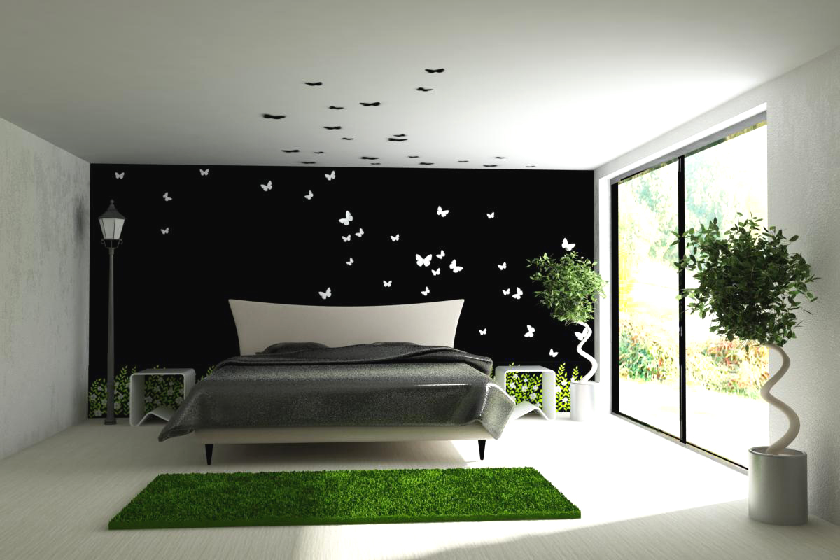декор бабочки на черной стене в спальне минимализм