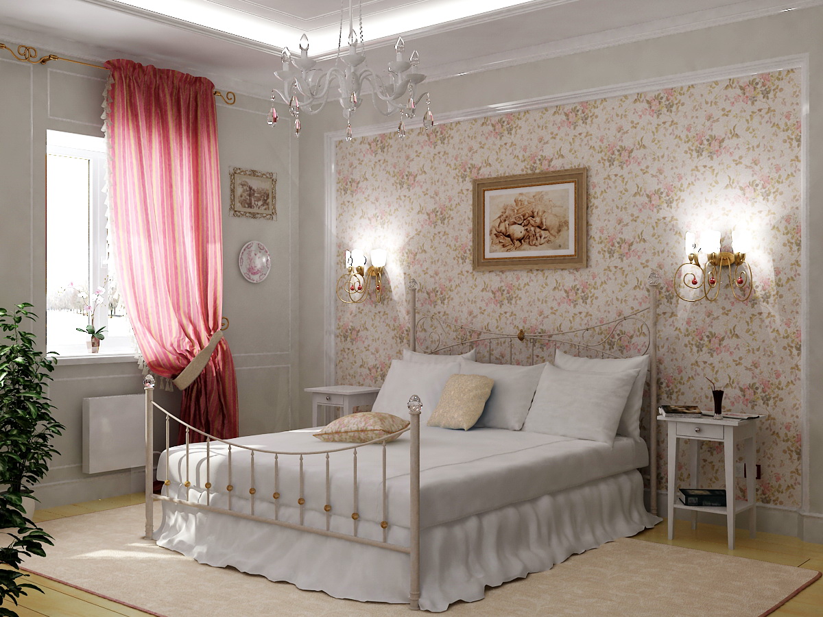 кровать с кованными деталями в интерьере спальни в стиле прованс