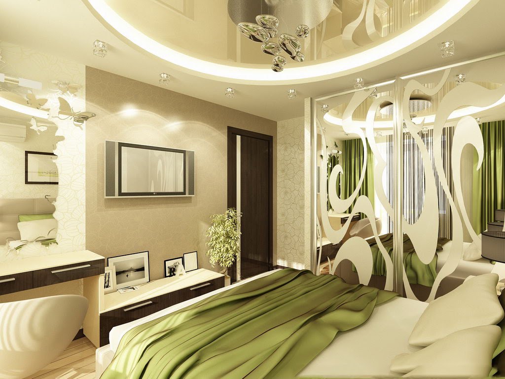современный дизайн спальни с зелеными эллементами декора