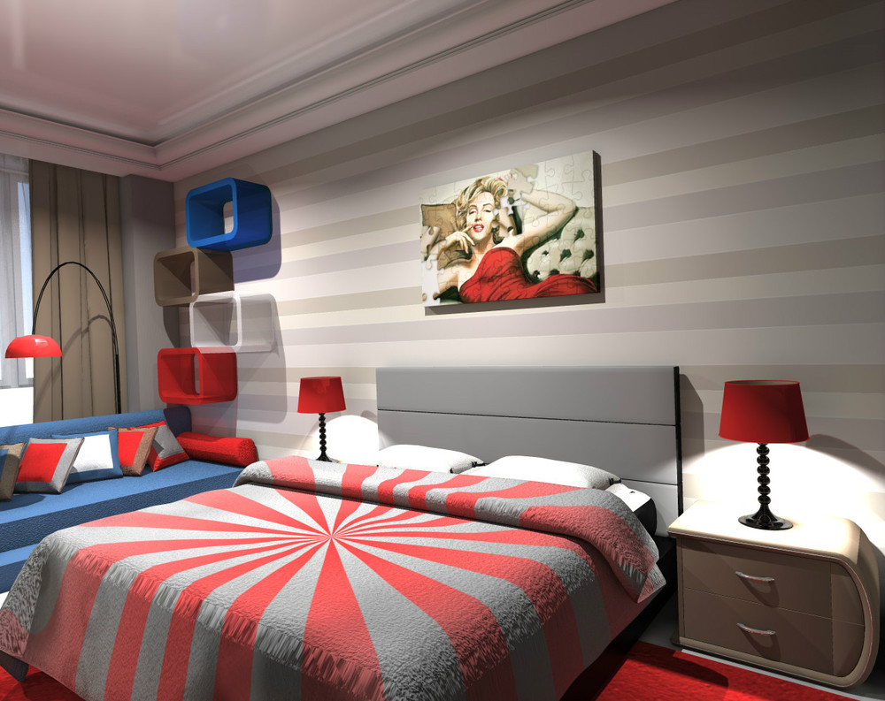 спальня в стиле поп арт в красно-синем варианте